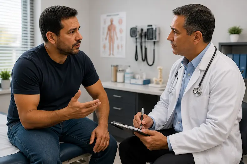 Injured worker discussing workplace symptoms with a medical professional