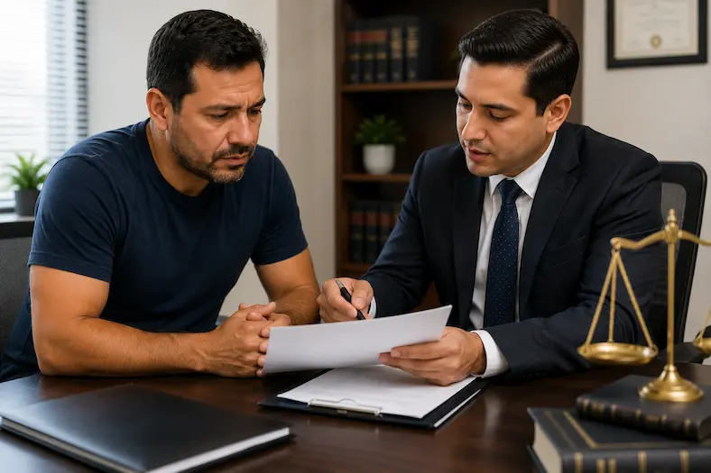 Worker reviewing workplace injury claim documents with a legal professional